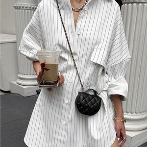 Commense White Button-Down Shirt with Black Pinstripes